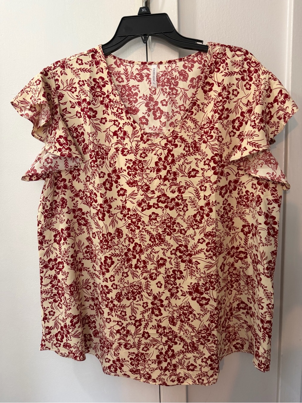 Women's Cream and Burgundy Floral Ruffle Sleeve Top